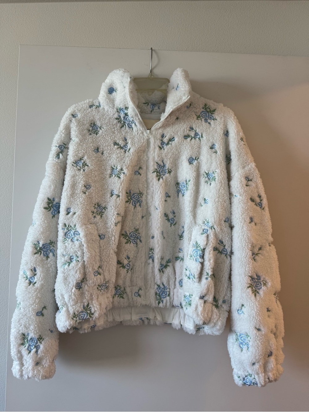 Floral Sherpa Zip-Up Jacket - White with Blue Roses